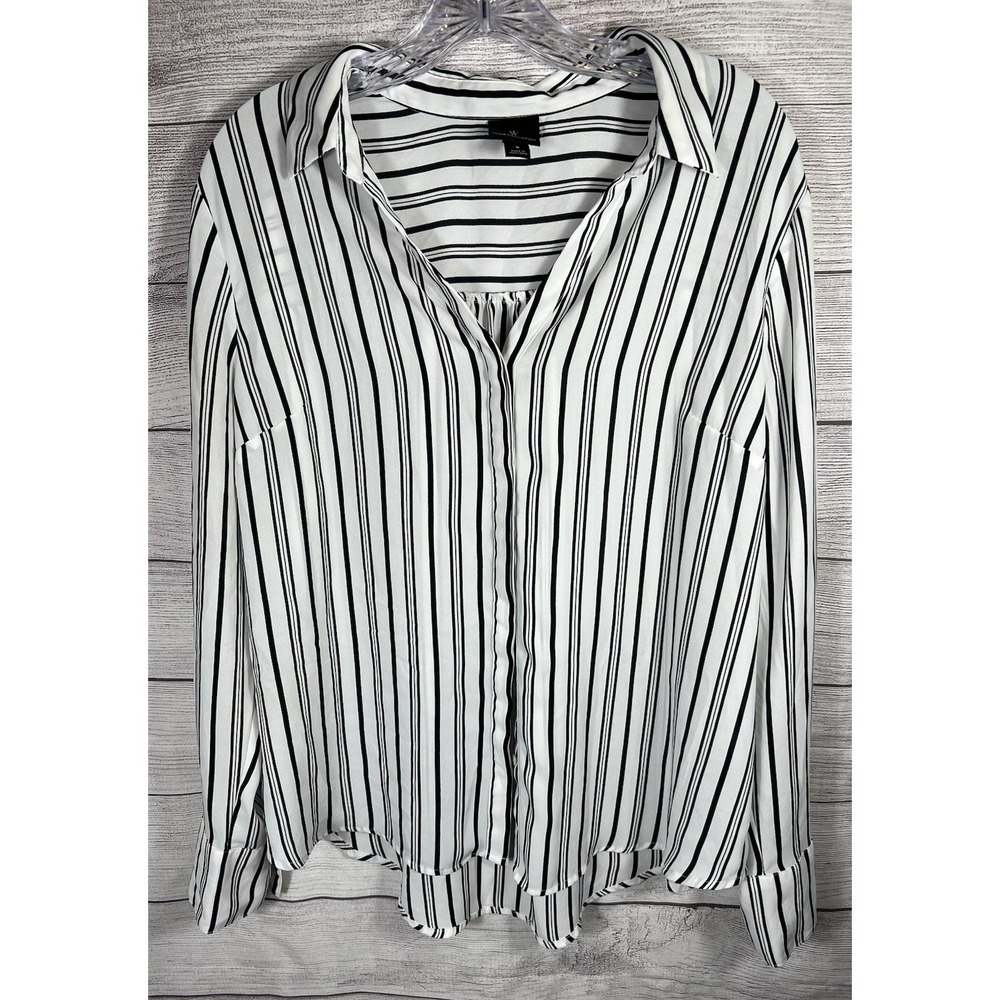 Worthington Women's Striped Button Front Blouse Large Black White Career Office